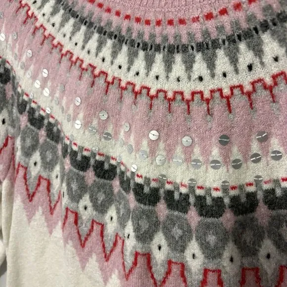 Talbots Icicle Fair Isle Sweater Cream Pink Bow Back Sequin Size XL Winter - Picture 6 of 11